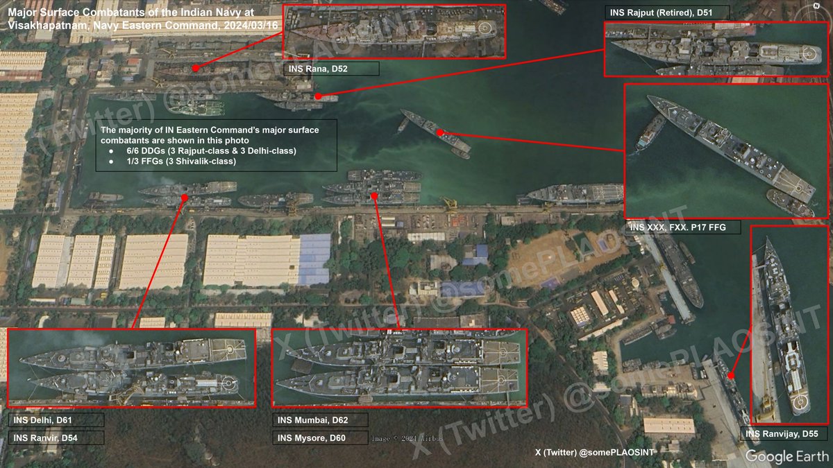 Indian Navy Eastern Command Fleet in port at Visakhapatnam from GE, 2024/03/16.

->The majority of Eastern Command's major surface combatants are in this frame
->6/6 DDGs, 1/3 FFGs