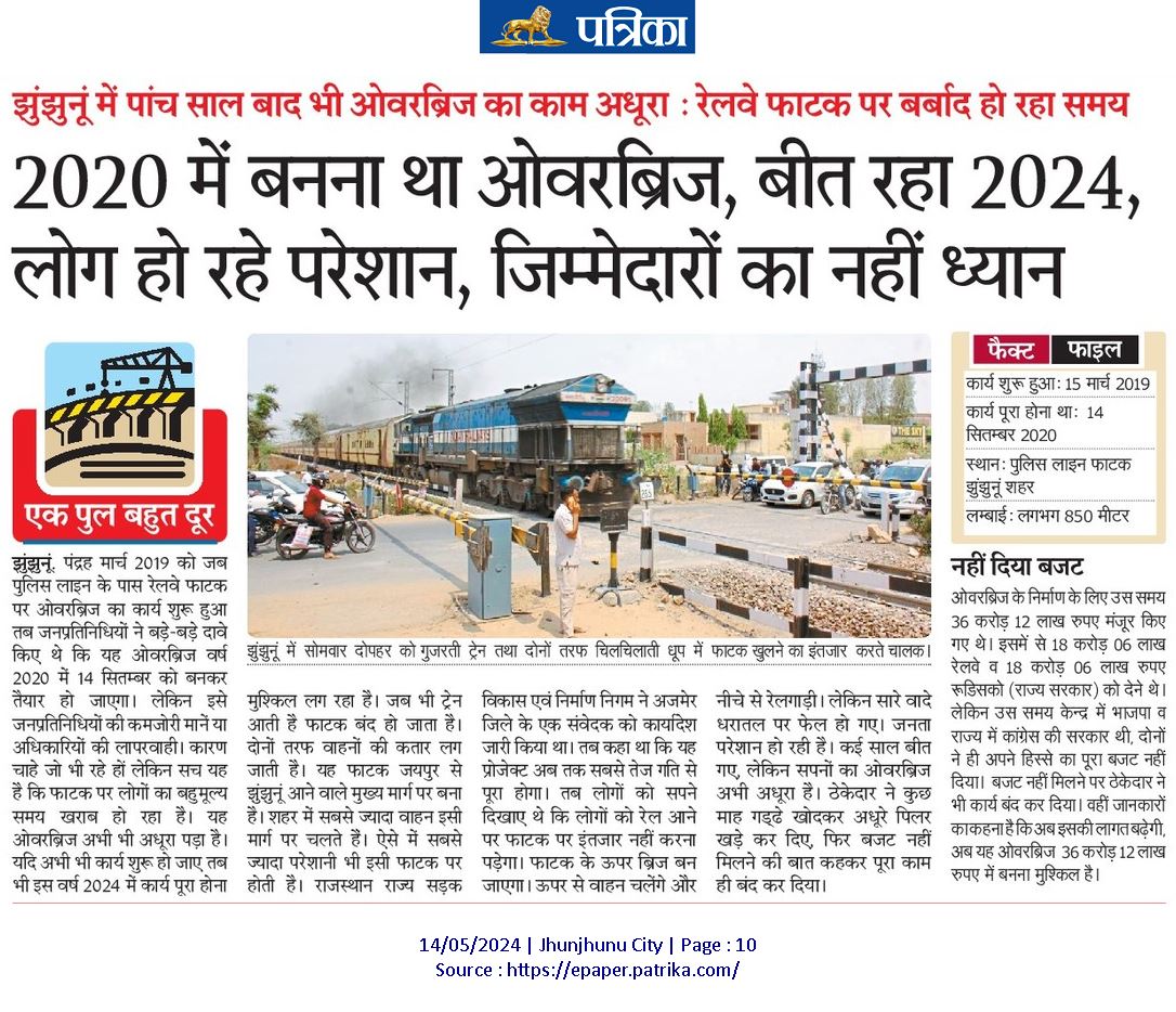 🔸2020 मे बनना था ओवरब्रिज, बीत रहा 2024, लोग हो रहे परेशान,जिम्मेदारों का नहीं ध्यान। 
🔸झुंझुनूं में पांच साल बाद भी ओवरब्रिज का काम अधूरा, रेलवे फाटक पर बर्बाद हो रहा समय। 
@RailMinIndia @NWRailways @GMNWRailway @DRMJaipur @VPIndia @narendramodi @1stIndiaNews @News18Rajasthan