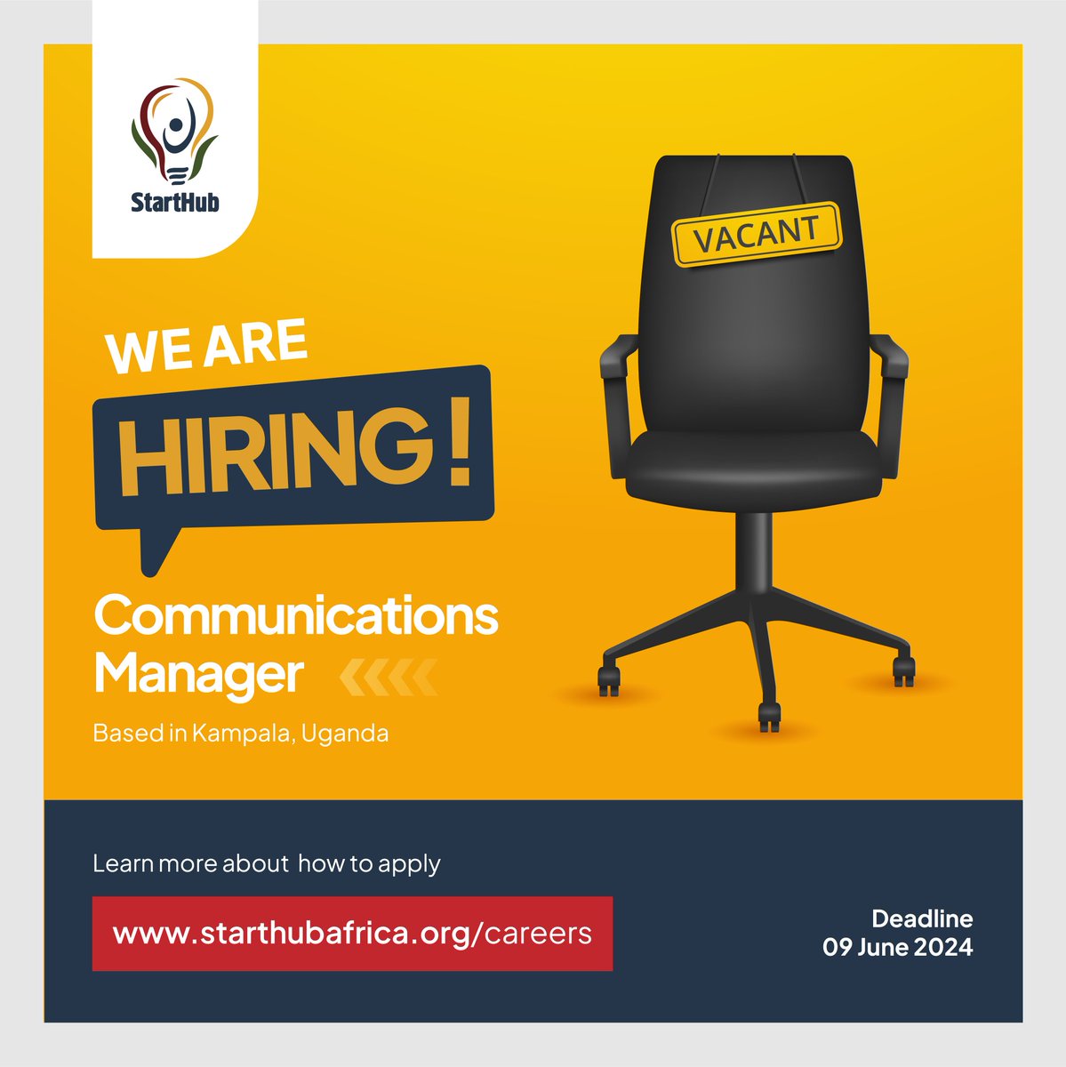 📢We're hiring a Communications Manager to champion our stories &amp; build a thriving community around our work.  Join our growing team and make a lasting impact.

 Learn more and apply here starthubafrica.org/careers

#HiringNow