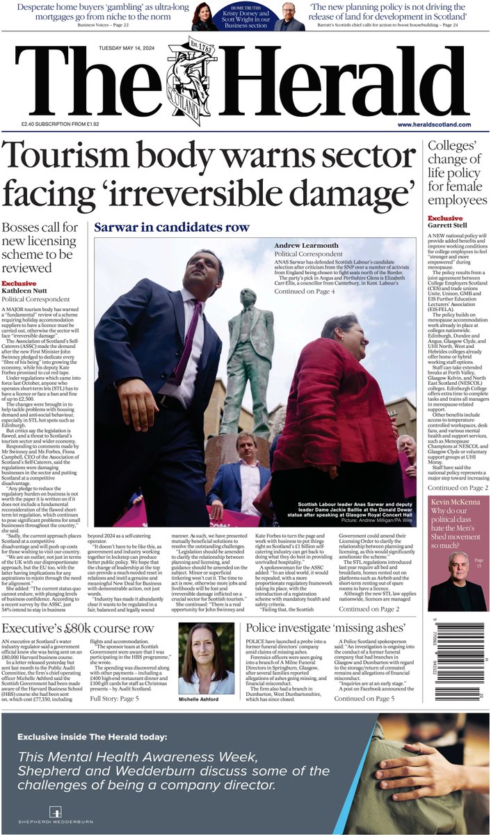 🇬🇧 Tourism Body Warns Sector Facing 'Irreversible Damage'

▫Bosses call for licensing scheme to be reviewed
▫@kacnutt

#frontpagestoday #UK @heraldscotland 🇬🇧