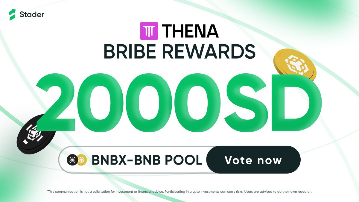 $BNBx bribe reward is LIVE on @ThenaFi_ 🔔 Grab your share of the 2000 $SD bribe pool. Use your $veTHE to vote for BNBx-BNB LP! 🗳️ Act before the epoch clock runs out! Vote NOW! 👉 thena.fi/dashboard/vote