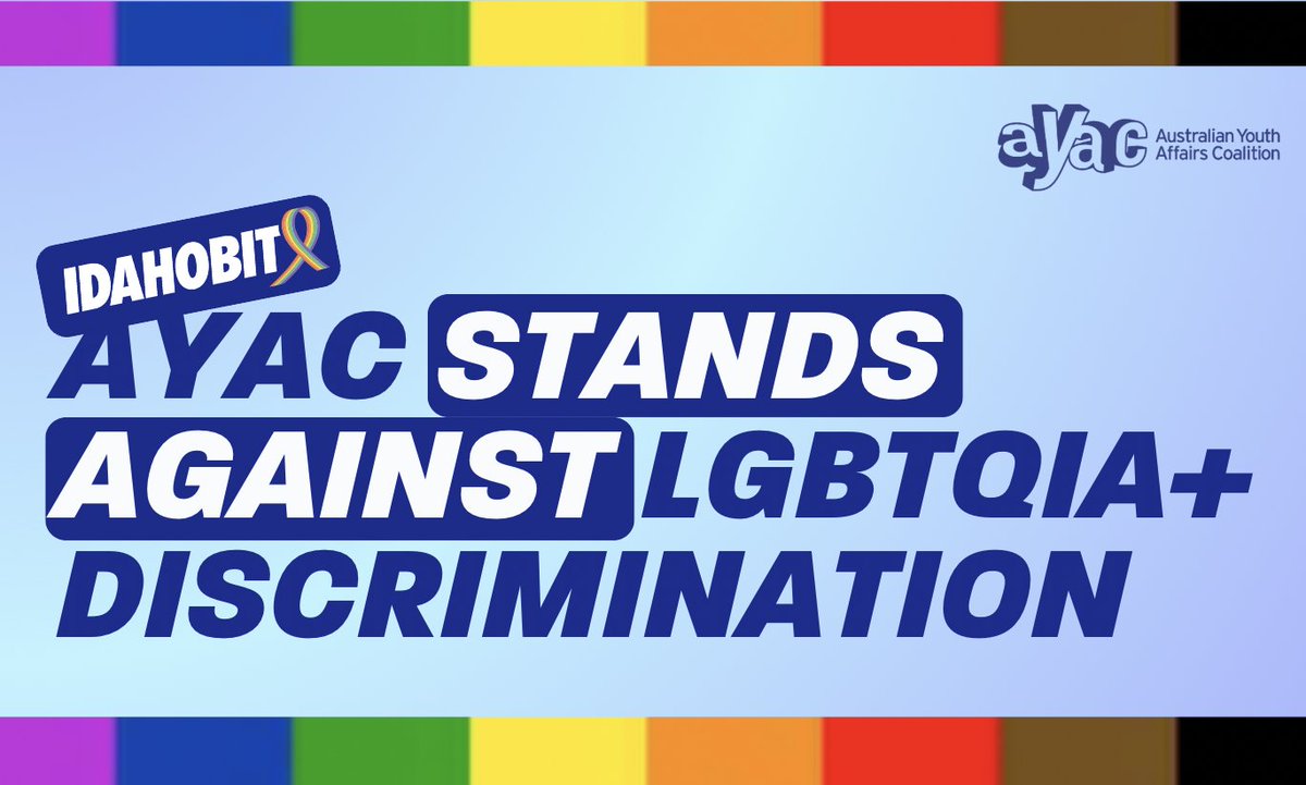 AYAC (@austyouth) on Twitter photo 66% of Australian #LGBTQIA+ youth experience #bullying or harassment based on their identity.
AYAC stands in solidarity alongside LGBTQIA+ communities on <a href="/IDAHOBITaus/">IDAHOBIT Australia</a> today, and always.
#IDAHOBIT2024 #LGBTQIA #Pride 66% of Australian #LGBTQIA+ youth experience #bullying or harassment based on their identity.
AYAC stands in solidarity alongside LGBTQIA+ communities on <a href="/IDAHOBITaus/">IDAHOBIT Australia</a> today, and always.
#IDAHOBIT2024 #LGBTQIA #Pride