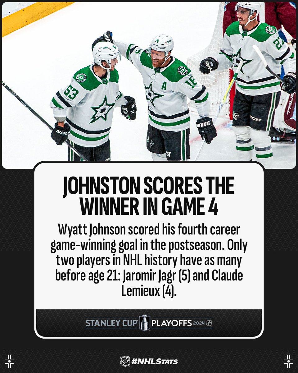 Wyatt Johnston scored the winning goal to lift the @DallasStars to a 3-1 series lead. The Stars/North Stars are 12-1 all-time in best-of-seven series when they hold a 3-1 lead. #StanleyCup

#NHLStats: media.nhl.com/public/live-up…