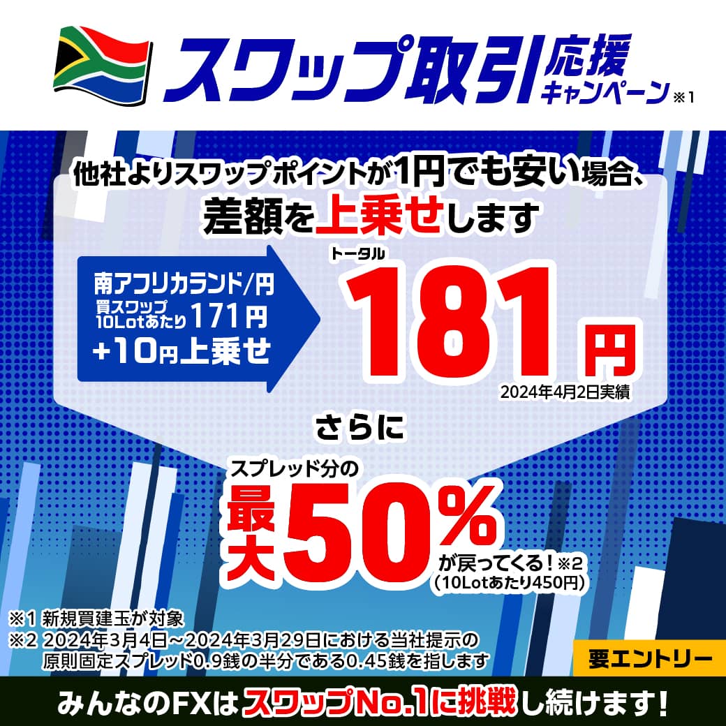 みんなのFXはスワップNo.1に挑戦🇿🇦 南アランド/円のスワップポイントが他社より1円でも安い場合、差額を上乗せ❗  さらにスプレッド分の最大50％をキャッシュバック😊 ＼ キャンペーン期間は、5月7日(火)～6月28日(金)まで⌛ この機会をお見逃しなく✨  詳細はコチラ ...