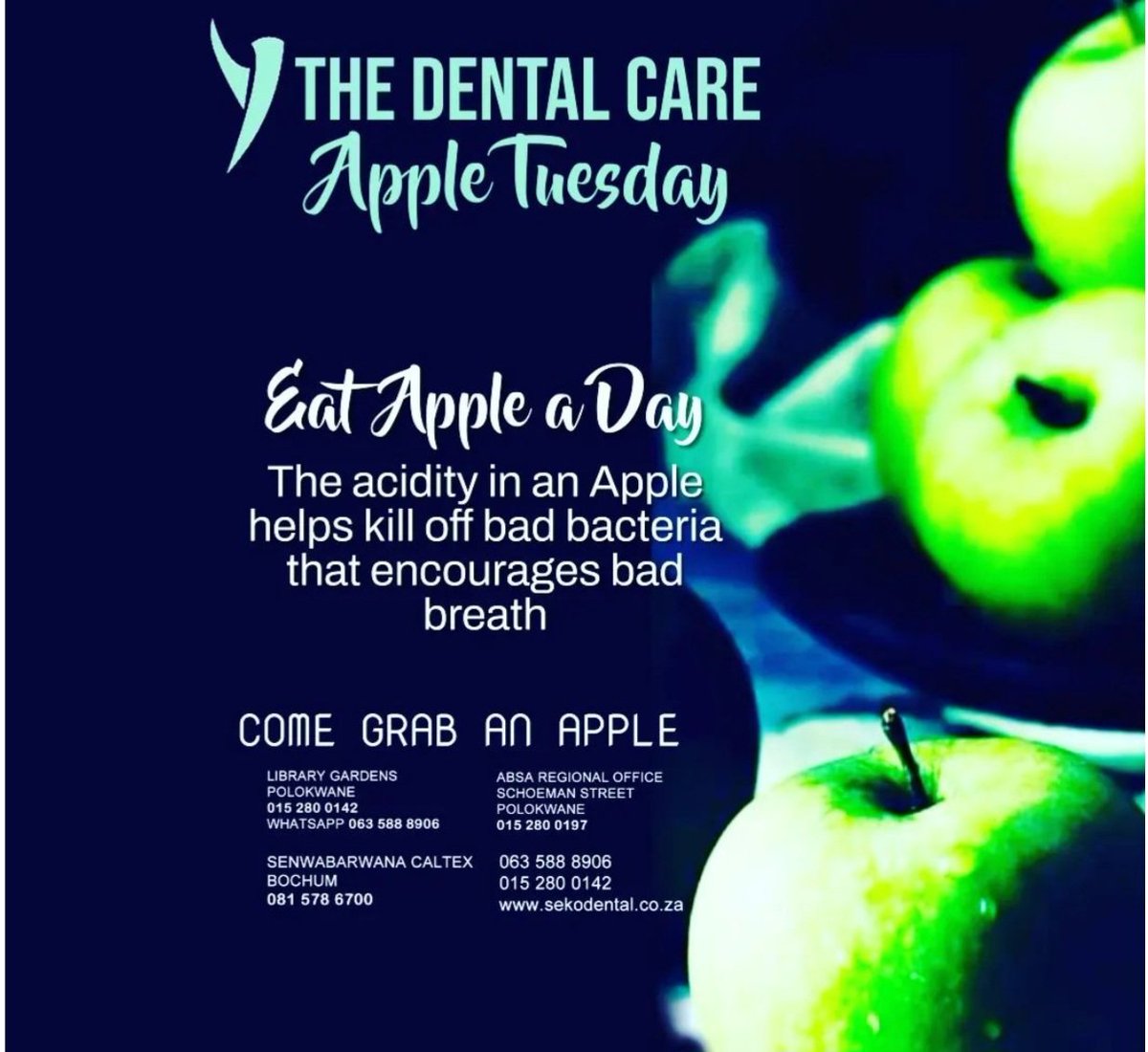 At The Dental Care, Tuesday is APPLE TUESDAY! 🍏 We give our patients fresh apples. Come grab yours. Library Gardens ,Polokwane 015 280 0142.Whatsapp 063 588 8906 Caltex Bochum,Senwabarwana 081 578 6700 Moshate Complex ,Mahwelereng 076 153 1246 sekodental.co.za