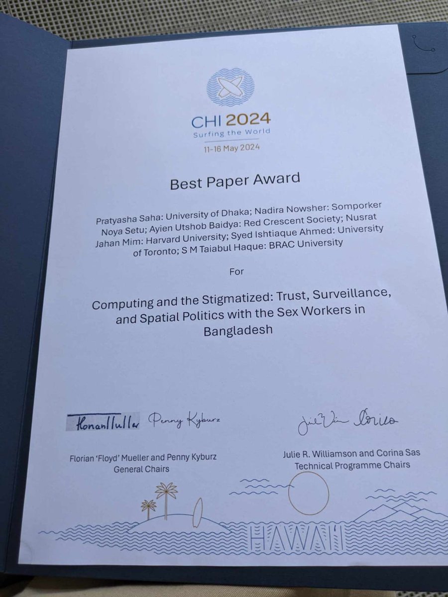 Missing #CHI2024 to be with my little baby, but this picture of our Best Paper Award made my day! Incredible work by @pratyasha_saha, @NusratJMim , @eresh71 , and the team. We hope this work begins a movement to empower the stigmatized sex workers in Bangladesh.