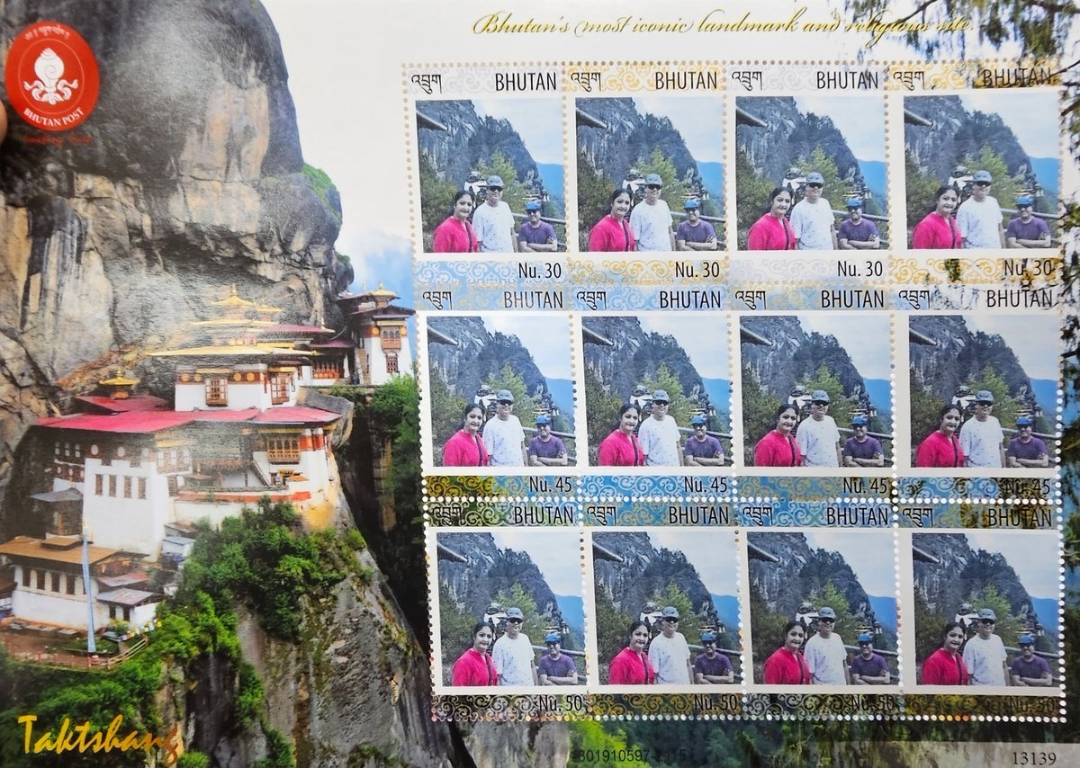 Tashi Delek #Bhutan One can make usable postal stamps using their pics at the airport departure Postal dept. Ain't that cool! Leaving Bhutan after a week of a rejuvenating vacation. 🙏 ཨོཾ་མ་ཎི་པདྨེ་ཧཱུྃ་ཧྲཱིཿ (Om Mani Padme hum)