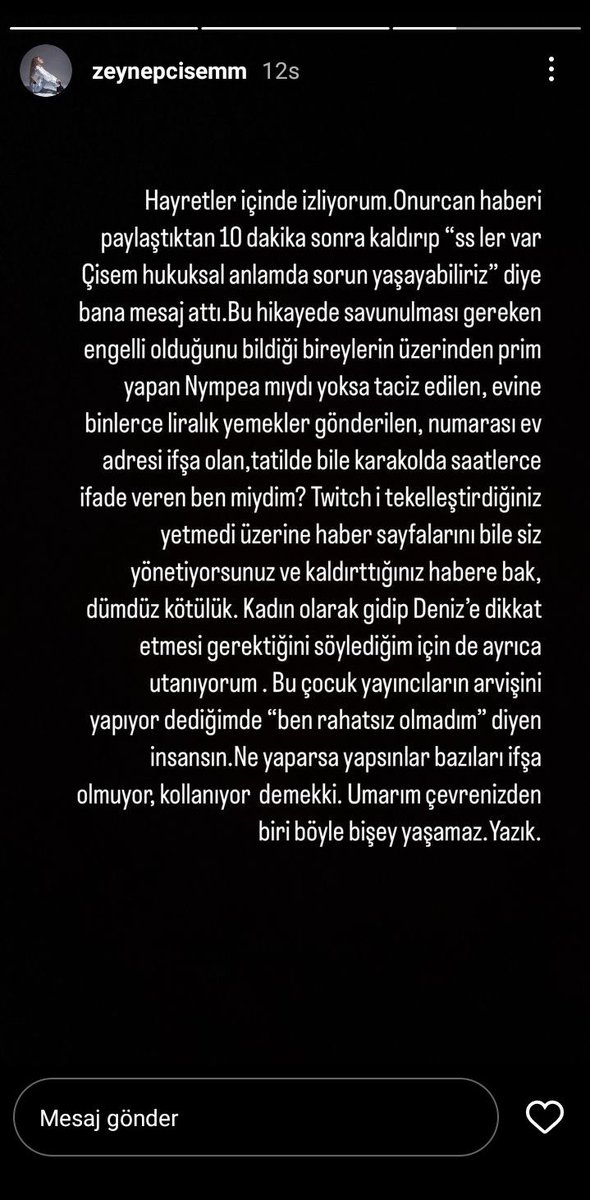 🚨 Zeynep Çisem (@zeynepcisemm), Instagram hesabından konu ile ilgili bir story paylaştı ve Kendine Müzisyen’in haber kaldırtması hakkında sert açıklamalarda bulundu. 🗣️ @zeynepcisemm: Twitch’i tekelleştirdiğiniz yetmedi üzerine haber sayfalarını bile siz yönetiyorsunuz ve…