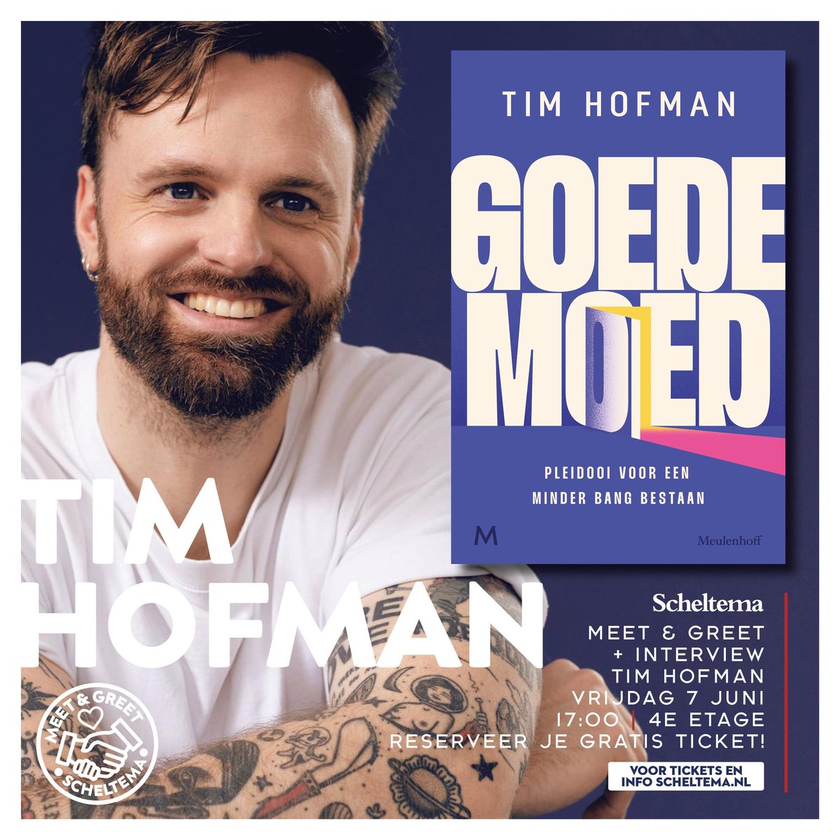 Op vrijdagmiddag 7 juni komt Tim Hofman langs bij Scheltema voor een exclusief interview + Meet &amp; Greet!  Aansluitend op het interview is er een Q&amp;A én Meet &amp; Greet waar je Tim kan ontmoeten en jouw exemplaar van Goede moed kan laten signeren!

🎟️ Tickets: buff.ly/3wwIX1Q