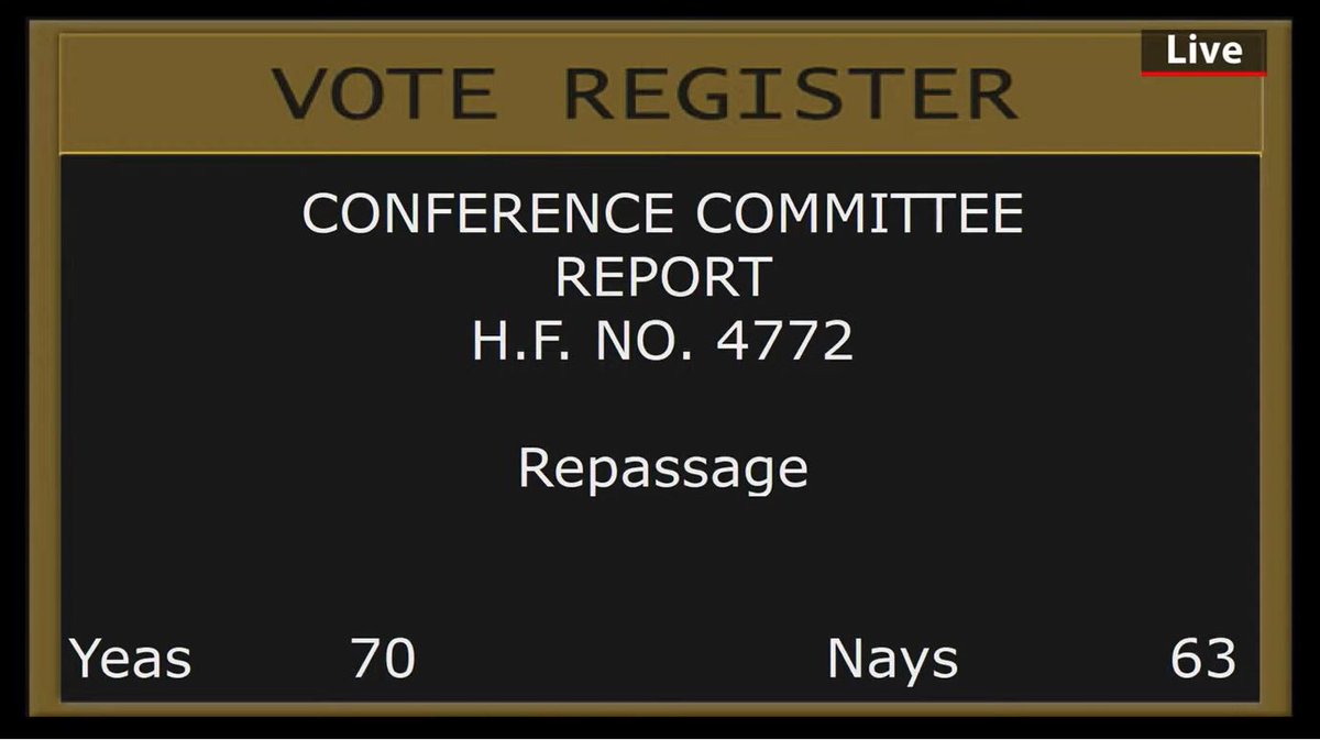 #mnhouse repasses HF4772, as amended in conference committee, 70-63. The elections policy bill now goes to the Senate for concurrence. #mnleg
