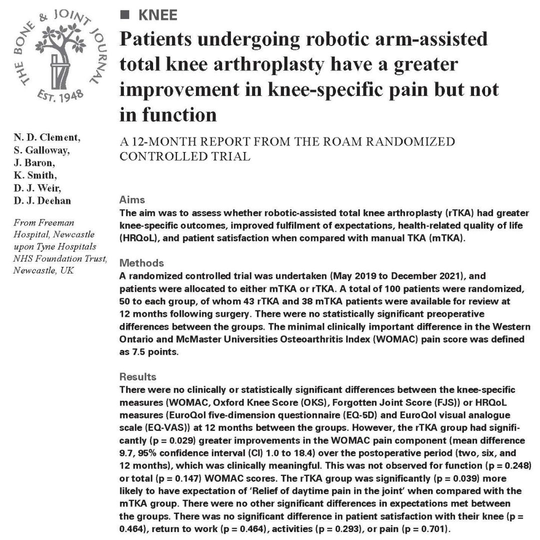 Patients undergoing robotic-assisted TKA had a clinically meaningful greater improvement in their knee pain over the first 12 months & were more likely to have fulfilment of their expectation of daytime pain relief. #BJJ #Robotics #Arthroplasty ow.ly/AF6q50RuyBX
