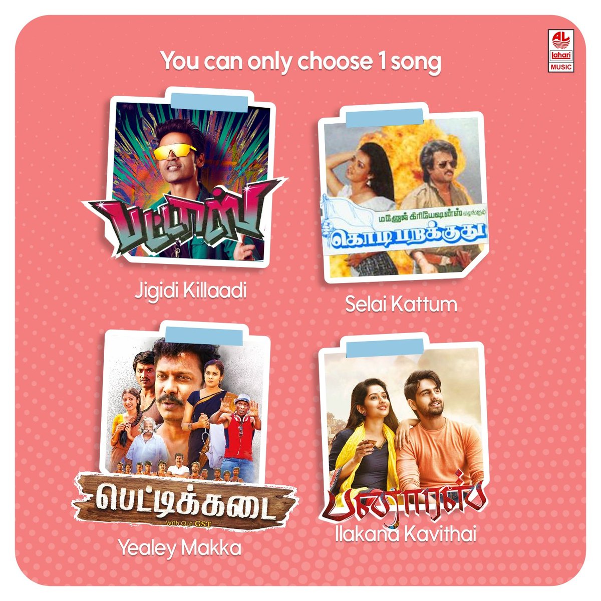 We know it's tough to pick just one song from this incredible playlist! But, what's your pick?🎼🎤 #LahariMusic #JigidiKilladi #SelaiKattum #YealeyMakka #IlakanaKavithai #Dhanush #Rajinikanth #Samuthirakani #ZaidKhan