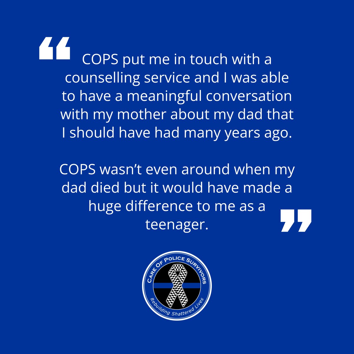 Did you know that COPS provides families who have lost a loved one in the police service with access to specialist counselling services free of charge? We work with our counselling partners to ensure our Survivors always have somewhere to turn to. #MentalHealthAwarenessWeek