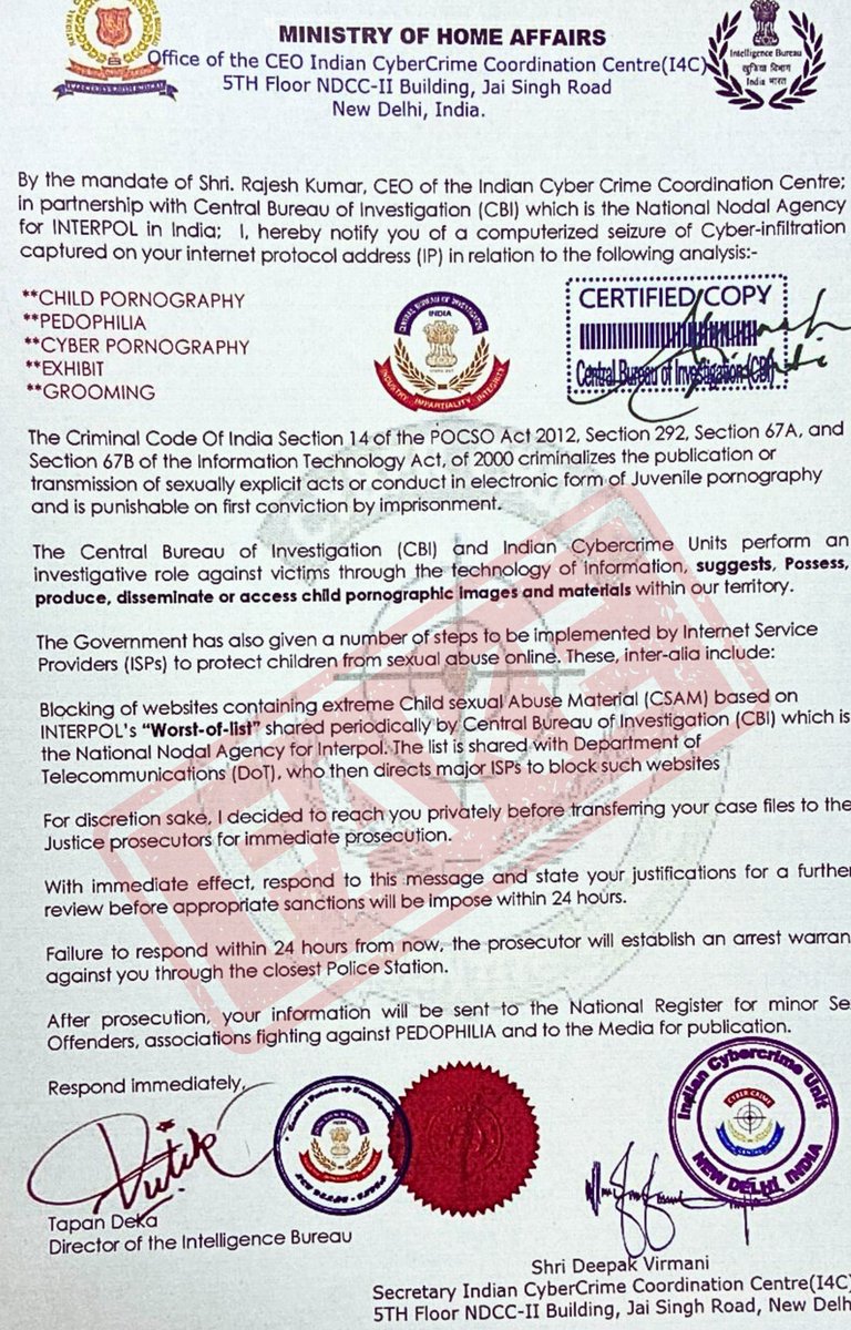 In a letter purportedly issued by Indian Cyber ​​Crime Coordination Center (I4C), several allegations are being leveled at the recipient & a reply is being sought to the letter ✅This letter is #fake ✅No such letter has been issued by any organization under GOI #I4C #MHA