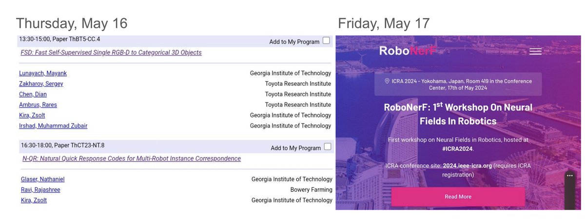 Visit our two Thursday papers and Friday  RoboNerf workshop at #icra2024! Self-supervised mesh+pose estimation, collaborative perception, and NeRFs. You can't go wrong.