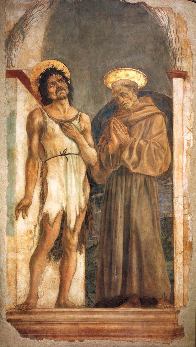 Oggi nel 1461 moriva il pittore #DomenicoVeneziano, soprannome di Domenico di Bartolomeo. (SANTI GIOVANNI BATTISTA E FRANCESCO, anno 1454, affresco staccato, 190 × 115 cm, Museo di Santa Croce, #Firenze). #15maggio.