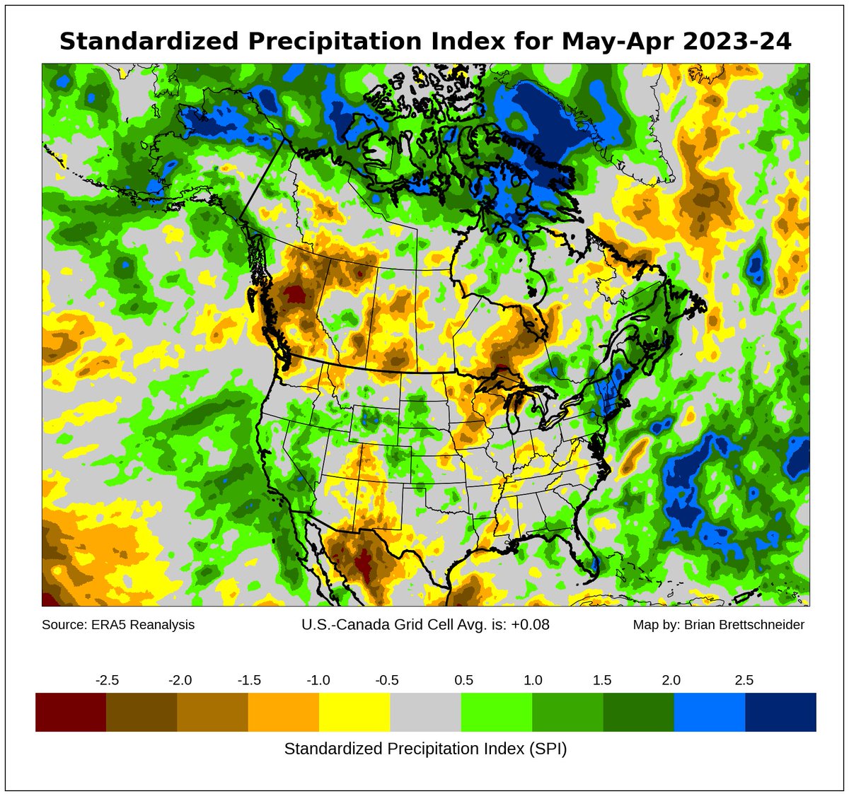 The area where fires that reignited after overwintering in British Columbia and Alberta, have been very dry for the last year. The latest 12-month Standardized Precipitation Index (SPI) is under -2.0 in much of that area. This is classified as 'Extremely Dry'.