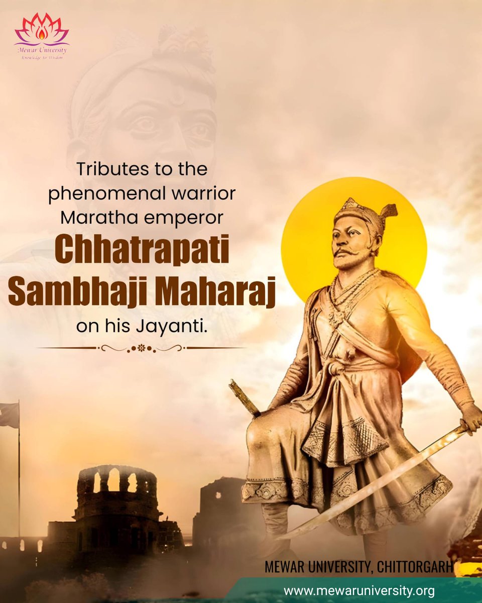 Respectful salute to #Chhatrapati Shri Shivaji Maharaj, the symbol of bravery, freedom, asmity. Best wishes to all on the occasion of #ShivaJayanti from #MewarUniversity!

#ChhatrapatiShivajiJayanti #IndianHistory #TopUniversityInRajasthan #KnowledgeToWisdom #MewarUniversity