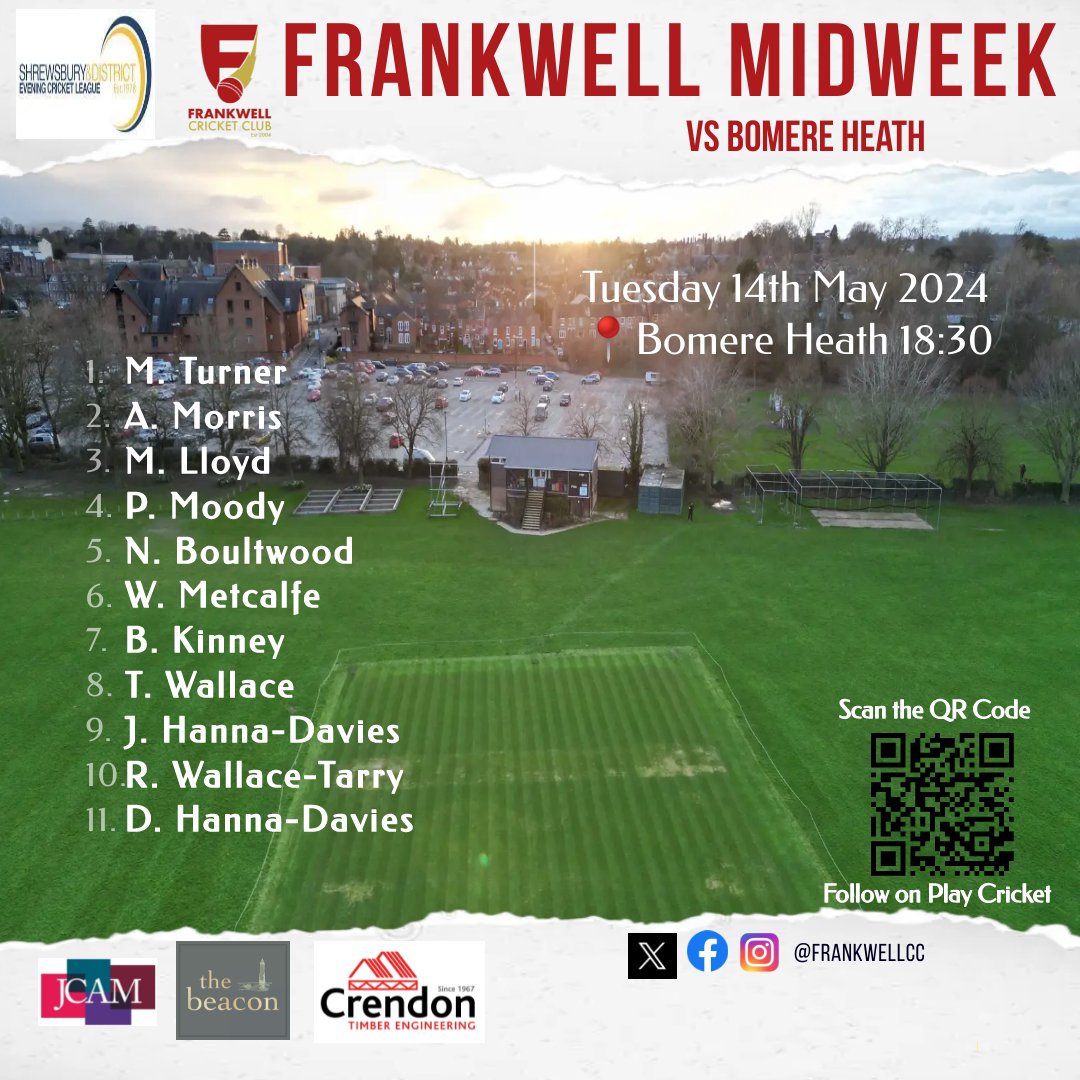 🚨MIDWEEK TEAM NEWS🚨

First fixture of the season for our midweek team, who start the campaign away at Bomere Heath CC tomorrow evening.

#frankwellcc #MidweekMadness