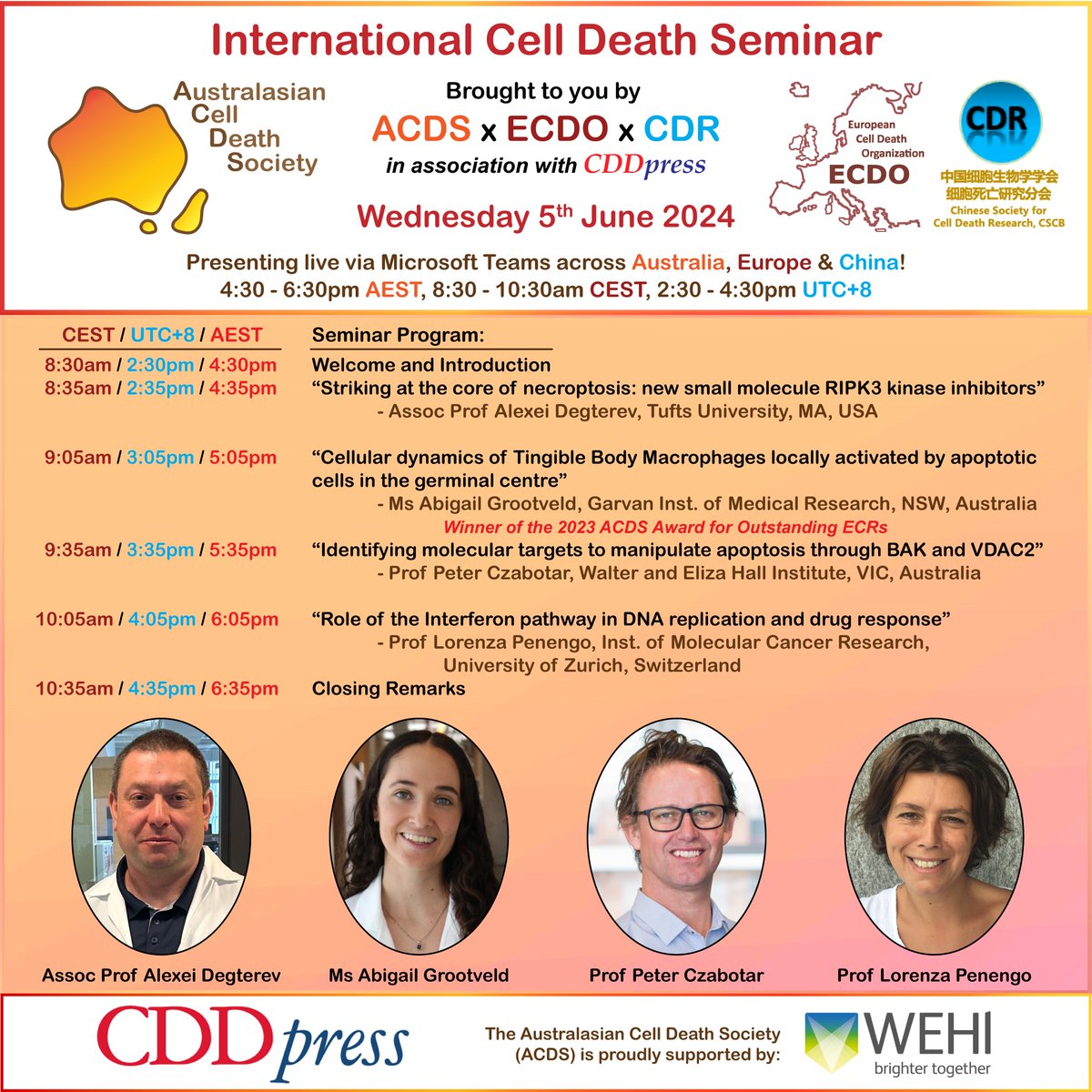 We are delighted to announce our upcoming International Cell Death Seminar - an exciting 
collaboration between ACDS, @ECDOorg & Chinese Society for Cell Death Research, in association with @cddpress! 🤩
Save the date & be sure to join us on Wed 5th June; see flyer for times! 📅