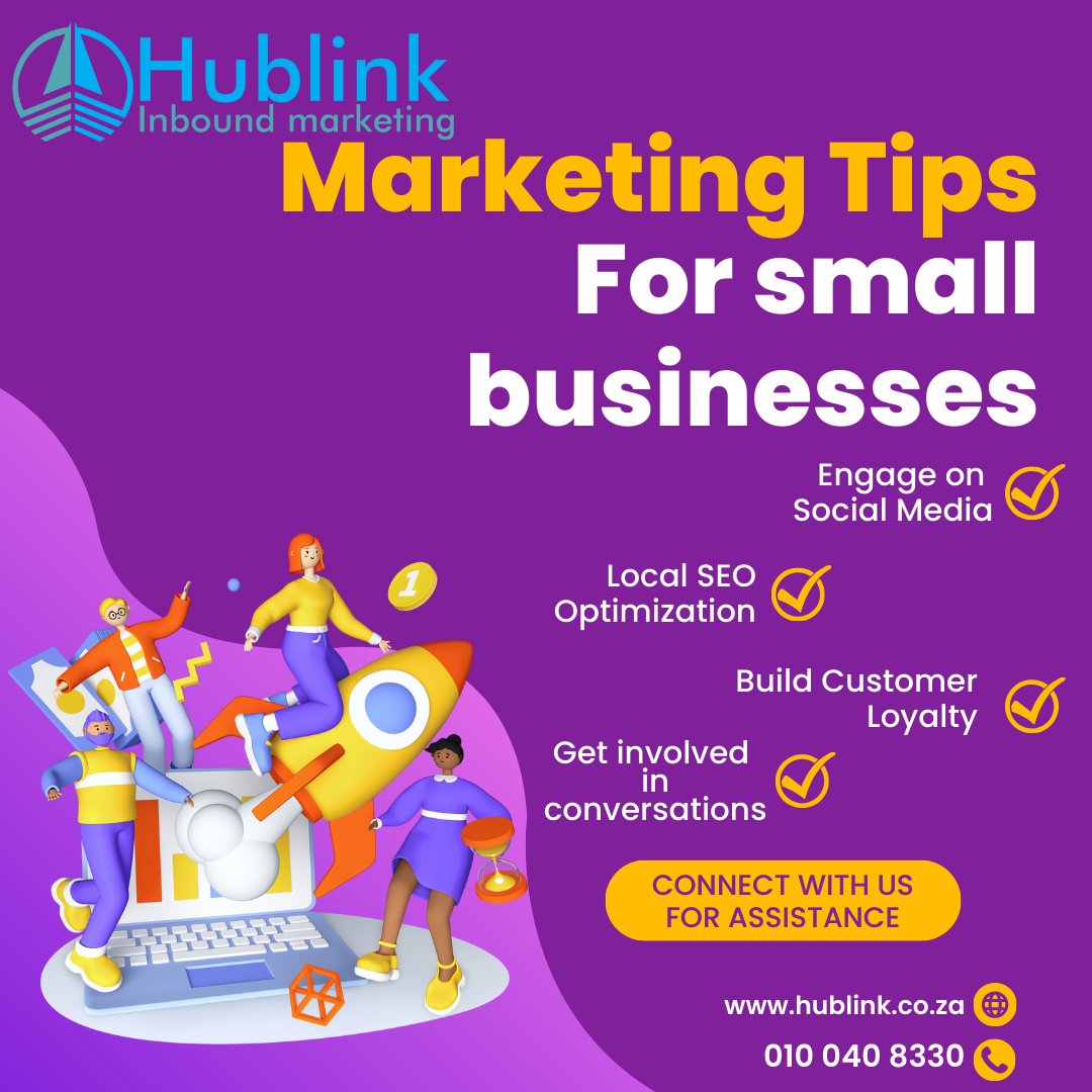 Unlock success for your small business with these marketing tips! 🚀💼 Visit our website @ hublink.co.za or call us on: 010 040 8330 #digitalmarketing #hublink #SmallBizSuccess #MarketingTips