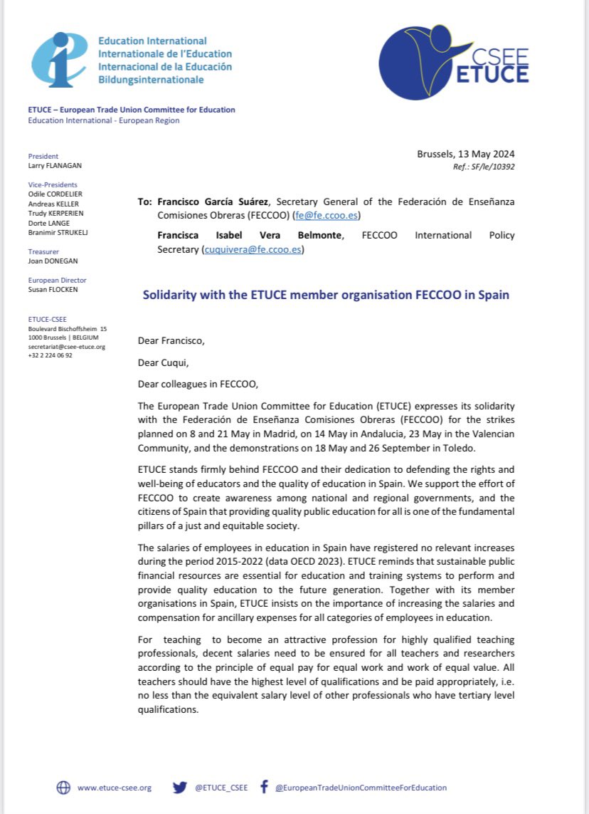 Desde FECCOO gracias!! al Comité Sindical #Europeo de la Educación #ETUCE por el apoyo y solidaridad a las huelgas educativas convocadas en España: 14 M #Andalucia 21 M #Madrid 23 M #PaisValencia En defensa de la ESCUELA PÚBLICA:+inversión -ratio por aula +plantillas #GoPublic
