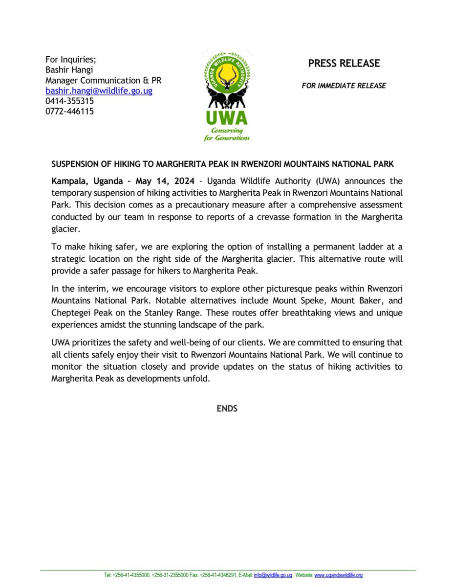 We announce the temporary suspension of hiking activities to the Margherita Peak 🏔️ in Rwenzori Mountains National Park. This decision comes as a precautionary measure. Details in our Press Release 👇