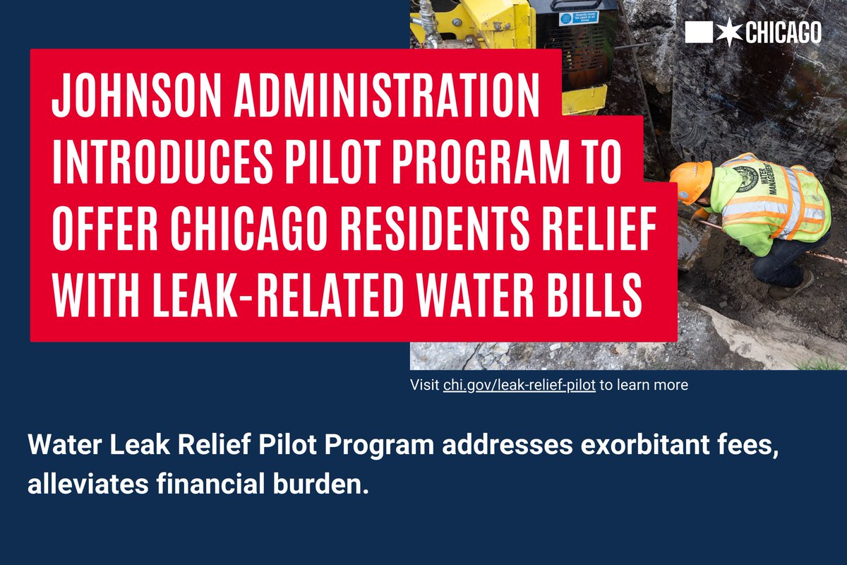 Our new Leak-Relief Pilot Program will assist Chicago residents who have experienced increases in their water bills due to undetected or sudden water leaks.
 
I am committed to ensuring every Chicagoan has access to affordable, reliable water services.

Chi.gov/leak-relief-pi…