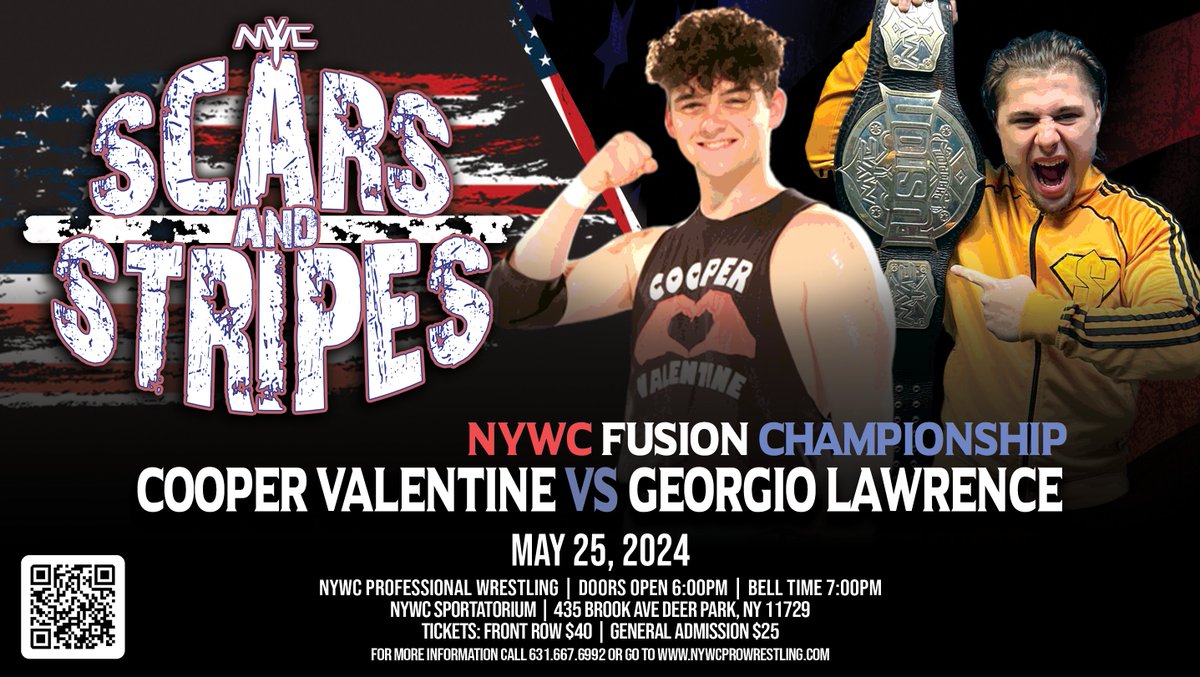 With another questionable finish, Cooper Valentine has been granted one more rematch to win back the NYWC Fusion Championship from Georgio Lawrence! Scars & Stripes will take place Saturday, May 25th and feature a Doors, Ladders, & Chairs match! 🎟: nywcprowrestling.com