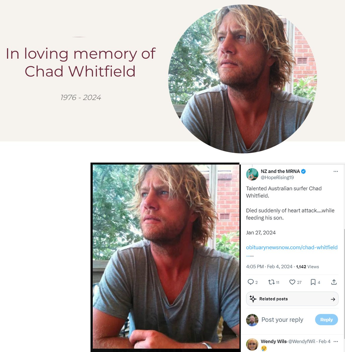 Australian surfer 47 year old Chad Whitfield died suddenly of a heart attack on Jan.27, 2024 while feeding his son Another athlete gone Every sudden death should be investigated with autopsy & immunohistochemical staining for COVID-19 Vaccine mRNA & spike protein #DiedSuddenly