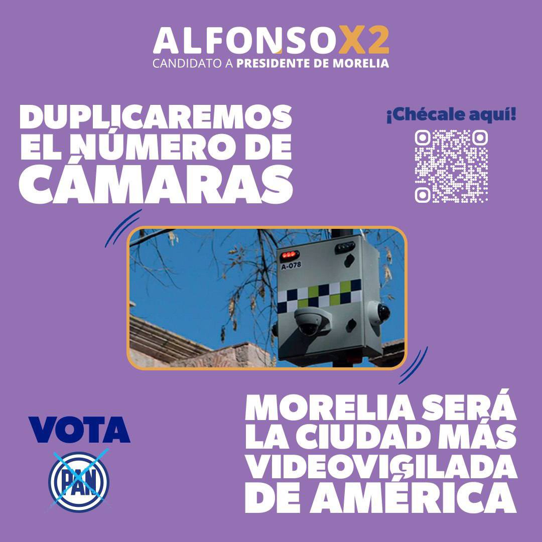 ¡Vamos por una ciudad más videovigilada! En un esfuerzo sin precedentes, hoy Morelia cuenta con mil 600 cámaras de vigilancia, mi compromiso es instalar el doble en toda la ciudad. #AlfonsoX2✌️