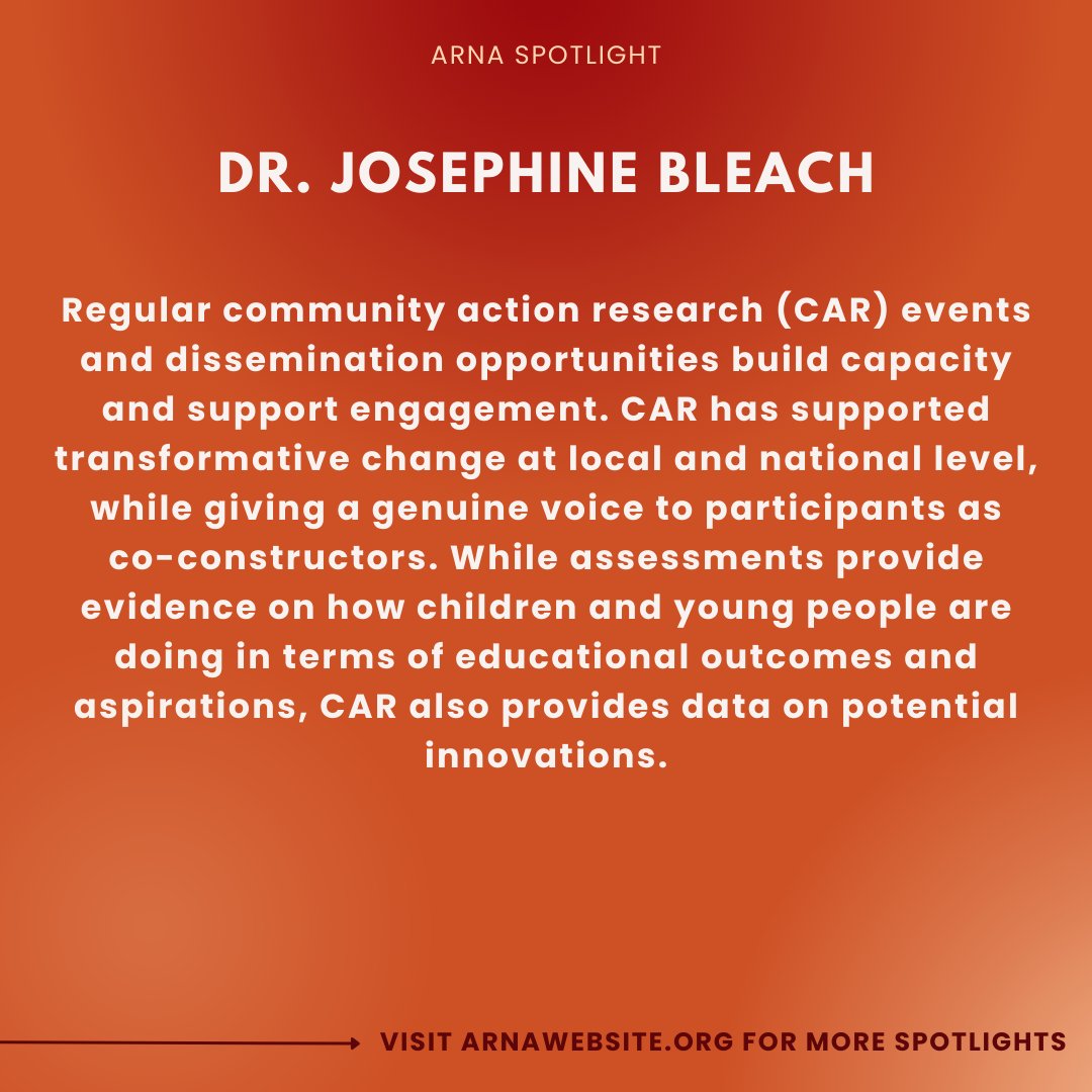 #ARNASpotlight — DR. JOSEPHINE BLEACH— How did you became interested in action research and what are some of the activities you do that continue to ‘spark’ your interest in this type of research? #actionresearch