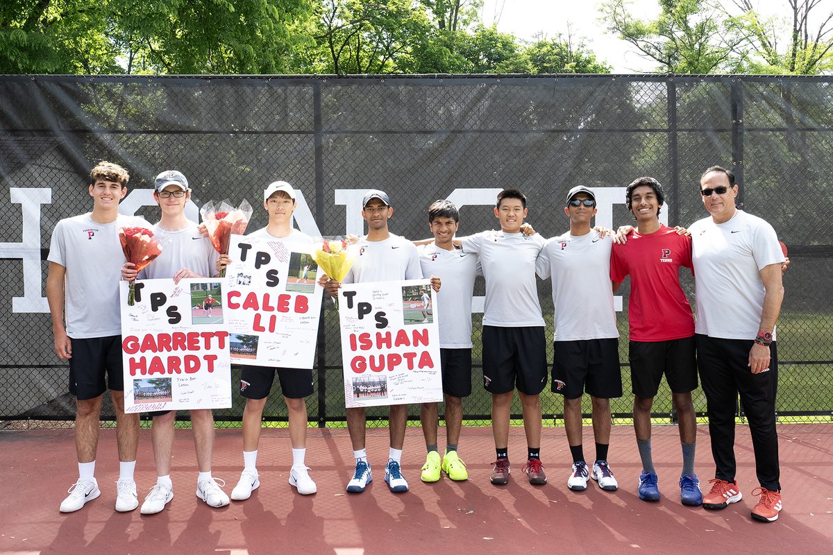 Pennington’s boys’ tennis team honored its three seniors today at their match versus Perkiomen. Garrett H., Caleb L., and Ishan G. have been a big part of the program’s success over the past four seasons! The Red Hawks won today’s match 5-0.