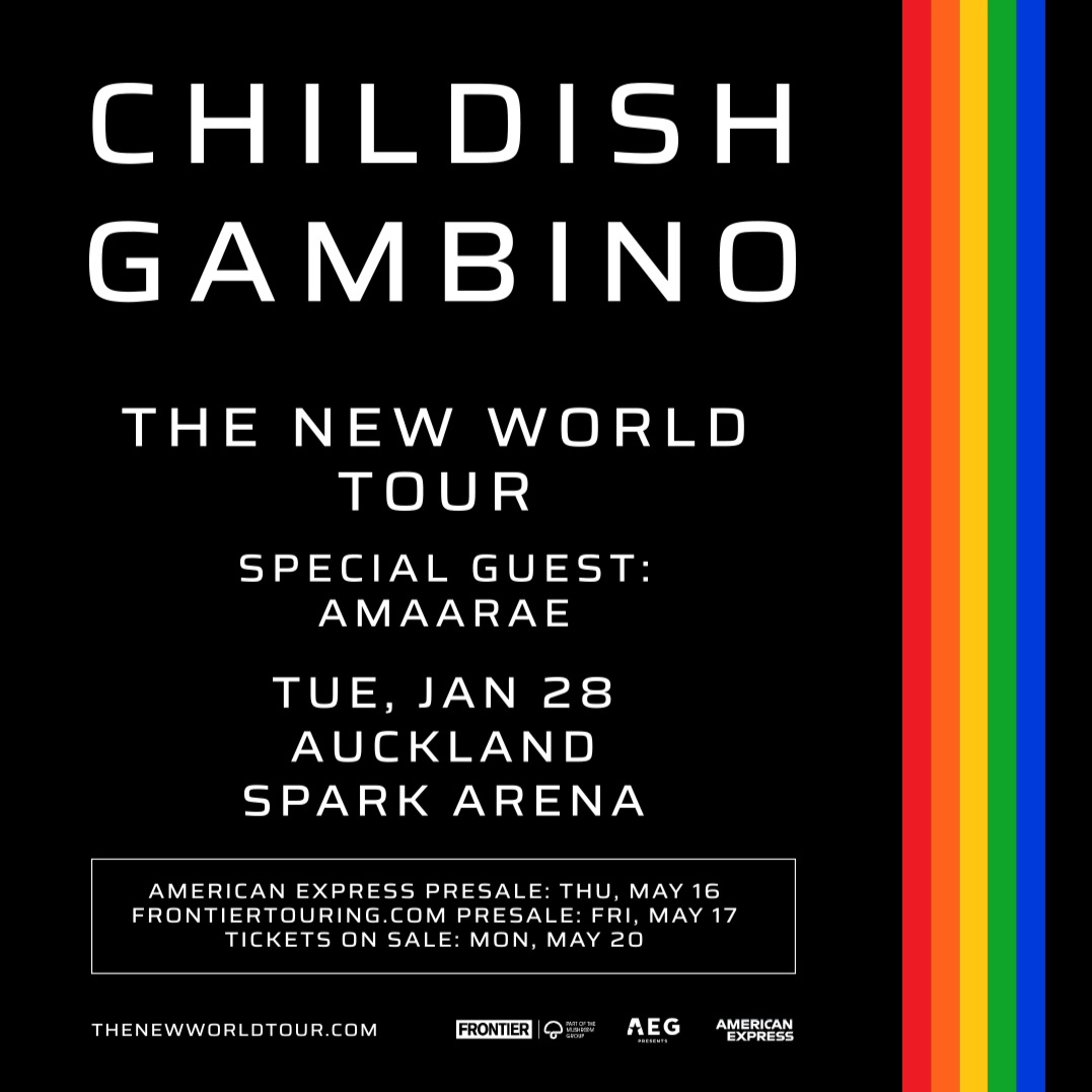 Childish Gambino has announced a show in New Zealand at Spark Arena in Auckland on January 28 next year.

PRESALE: 16/05/24, 12:00 PM via @ticketmasternz 

#gigs #childishgambino #donaldglover #hiphop #rap #sparkarena #livemusic #nz #Aotearoa #auckland #NewZealand