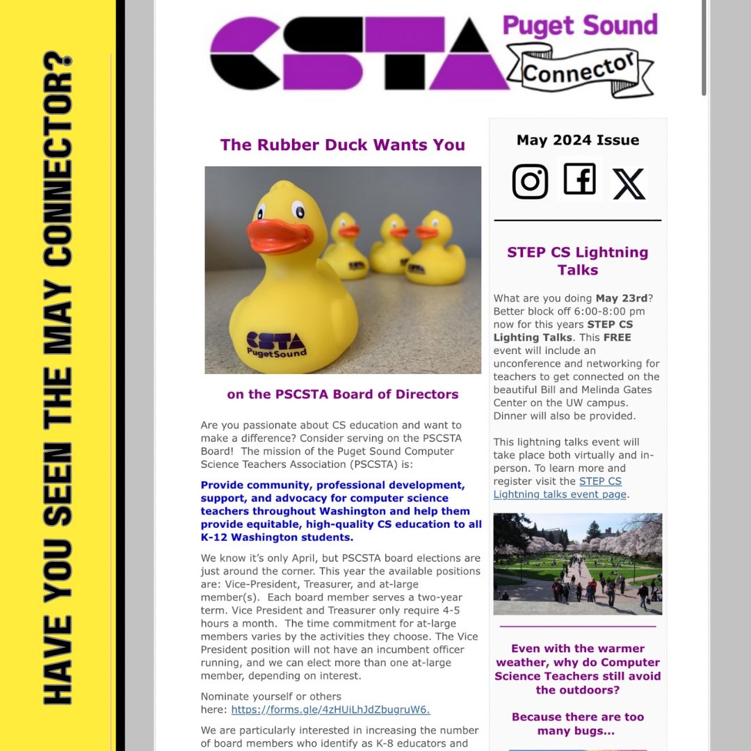 Ducks, ducks, and more ducks!! Happy Monday! Kick off your week right by checking out our May connector:

pugetsound.csteachers.org/bulletin/View/…

As always please share our page and connector to anyone you think could use it! We hope you have a great week:)

#csta #pscsta #wa #teachcs #teachwa