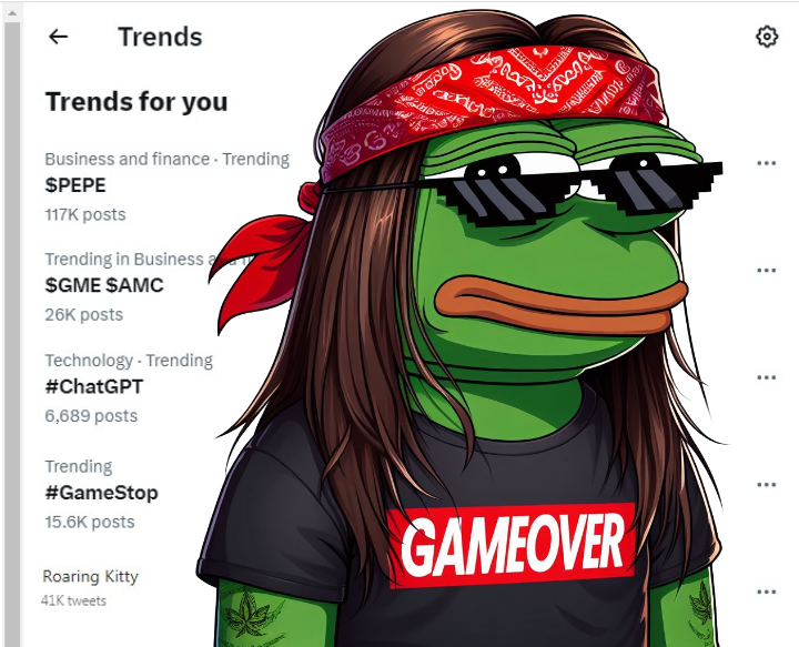 y00thereum's tweet photo. $PEPE is more Trendable on 𝕏 than Roaring Kitty , GameStop , $GME , $AMC &amp; ChatGPT combined. I like the stock, but i like the coin more. $PEPE 🐸💹 https://t.co/mPwkqswahF