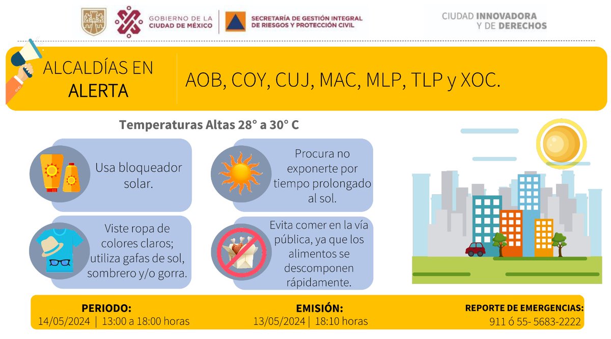 Se activa Alerta Amarilla por pronóstico de Temperaturas Altas para la tarde del martes 14/05/2024 en las demarcaciones de @AlcaldiaAO, @Alcaldia_Coy, @AlcCuajimalpa, @ALaMagdalenaC, @GobMilpaAlta, @TlalpanAl y @XochimilcoAl. #LaPrevenciónEsNuestraFuerza