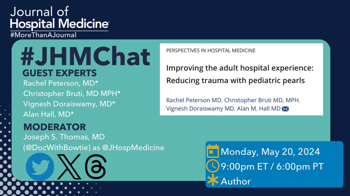 🚨🚨ONE WEEK!!! 🚨🚨 Our next #JHMChat is MONDAY MAY 20th!!! Looking forward to discussing application of ChildLife and other pediatric trauma reduction methods to adults with our guest experts, authors @MPAcadHosp @DoctorVig @cb721 @AlanHall_UKHM! See you 5/20 9PM ET/6PM PT!