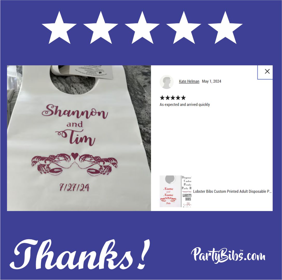 Another 5 STAR review - THANKS! Have a Great Event! #partybibs #adultbibs #5stars #sandscripts #etsy #weddingwipes #greatreviews #thanks #bibs #parties #weddings #events PartyBibs.com