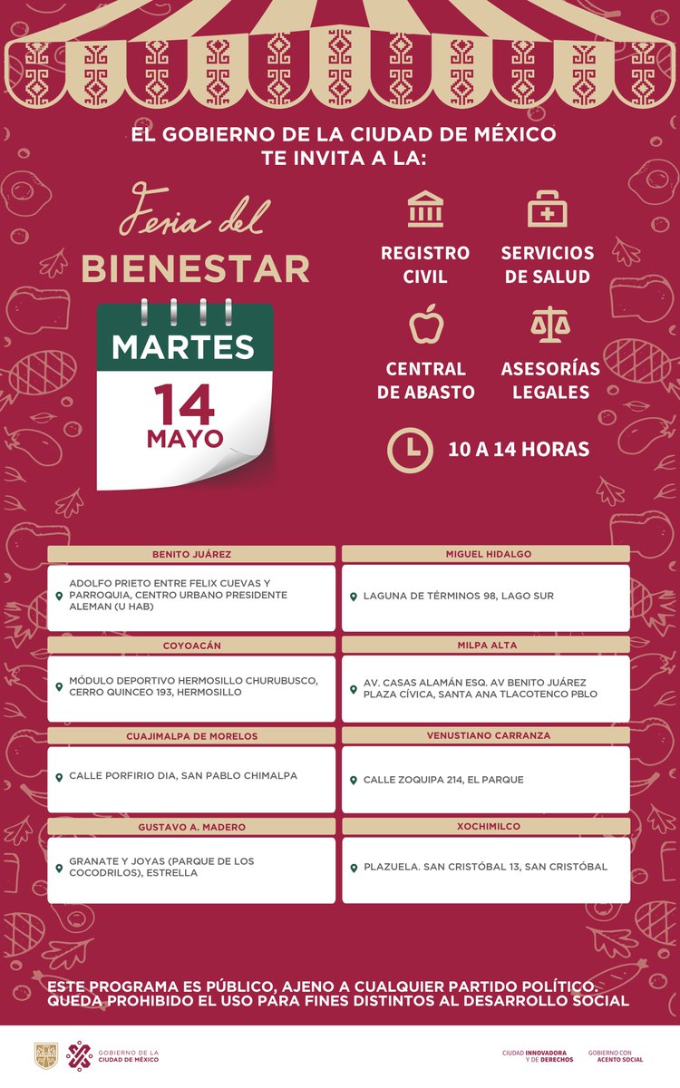 Todos_Somos_PC's tweet photo. ¡Nos vemos aquí! 🙋🏼👀

Las #FeriasDelBienestar del @GobCDMX están disponibles de lunes a sábado en 8 sedes en toda la Ciudad. 🎪

¡Seguro encuentras una cerca de ti! 😉 https://t.co/HTLMtf7I2b