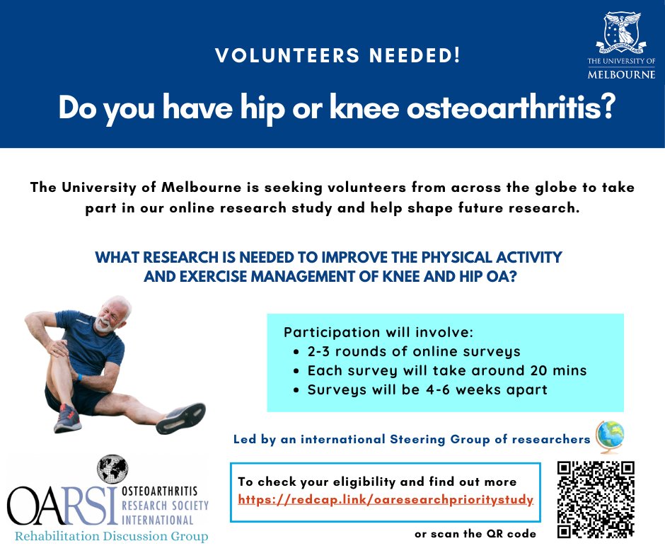 People with hip & knee osteoarthritis! We want to hear from you! What do you feel are important research priorities to improve #exercise management of knee & hip #osteoarthritis? Take part and help shape future research in this area- Survey link: redcap.unimelb.edu.au/surveys/?s=ERP…
