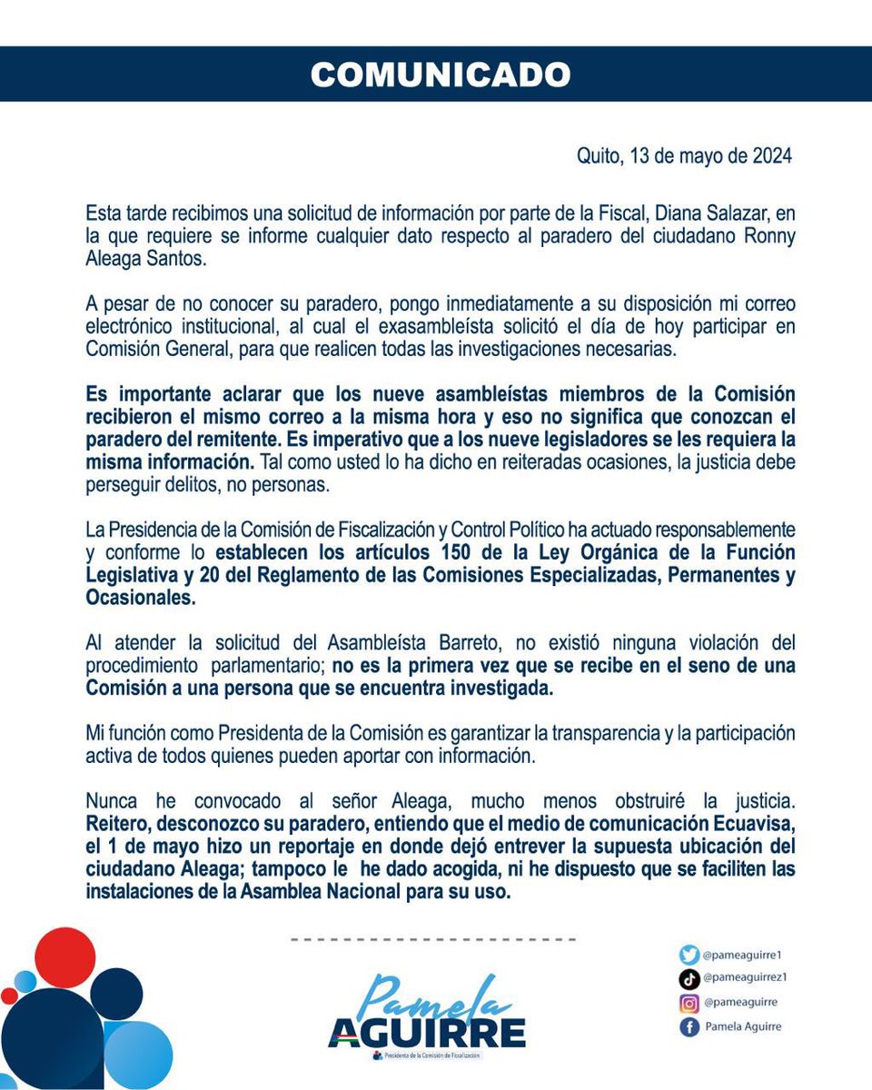 Importante comunicado de nuestra compañera Pamela Aguirre, todo nuestro respaldo.

#FiscalComparece 
#BancadaCiudadana