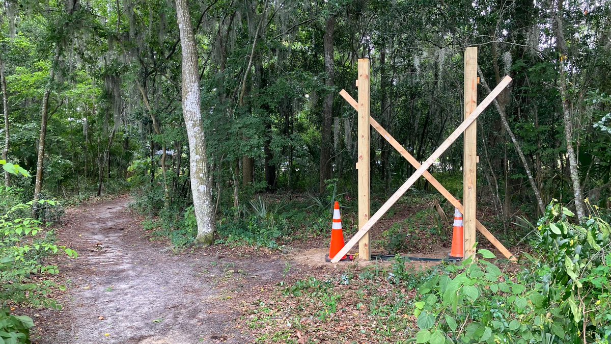 McCarty Woods - The new structures taking shape at the east and north entrances of the woods are the frames for new kiosks, constructed via the courtesy and kind donation of Flannigan companies with the help of UF grounds. They will be completed in a few weeks.