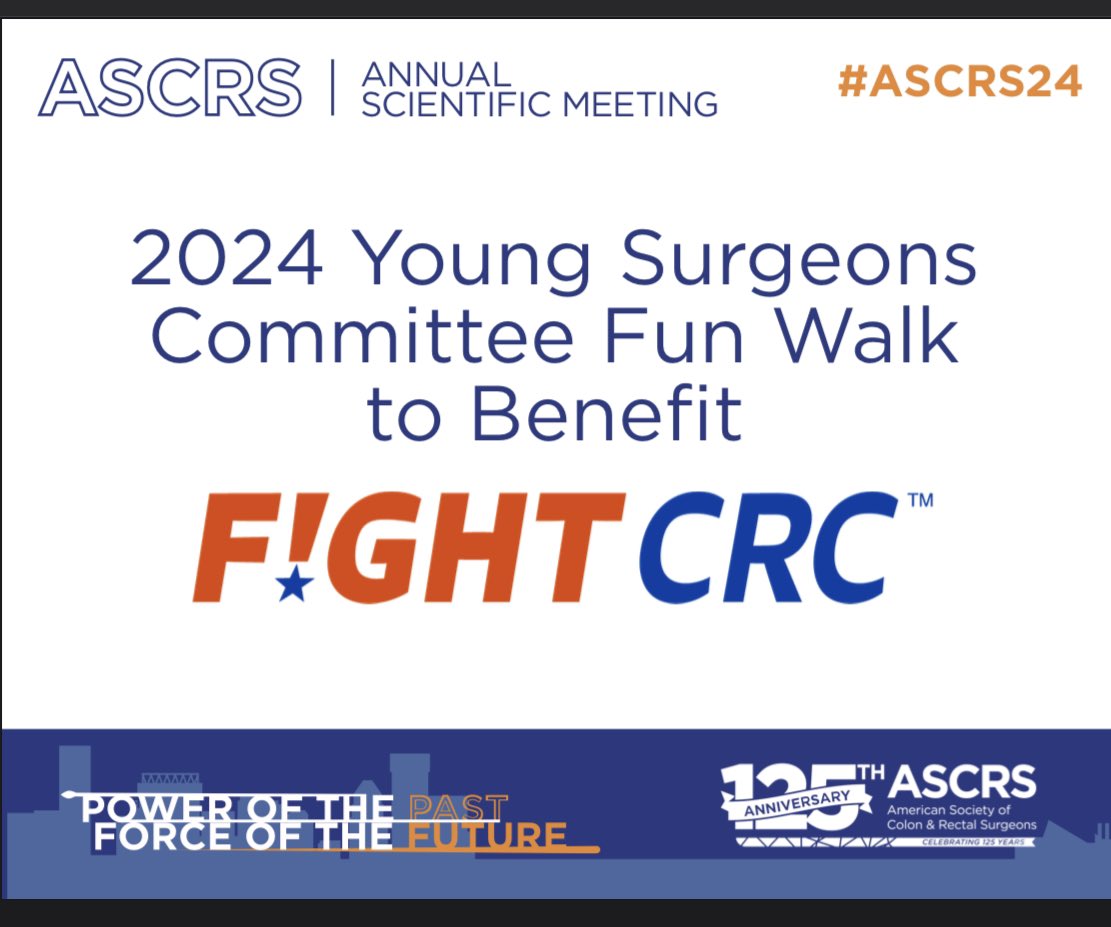 Hey! If you all will be at #ASCRS24, join the Young Surgeon’s Committee for an early morning fun walk to raise money for @FightCRC ! Sunday, June 2nd, 6am. Sign up at the link below and race @DavidKleimanMD to the finish! givebutter.com/ASCRSSavetheBo…