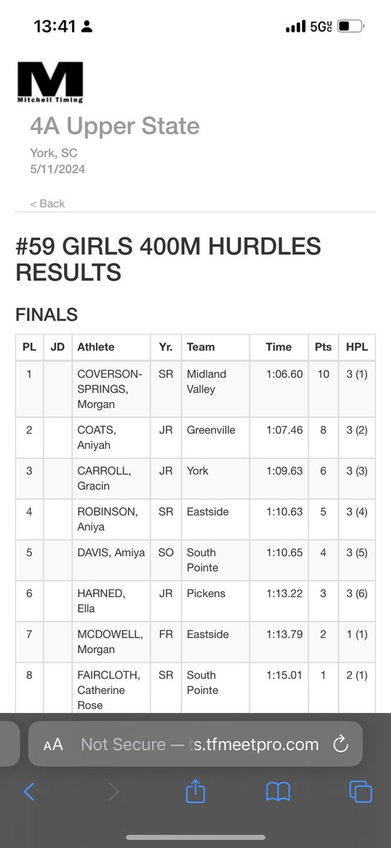aniyahvc_'s tweet photo. Great weekend at Upperstate! Pr’d in the 400mh by more than 1 second. Qualified for State Championships this Saturday in the 400h, 4x1, and 4x4! #trackandfield #hurdles #hurdler #southcarolinaathlete https://t.co/spA4BvmFzs