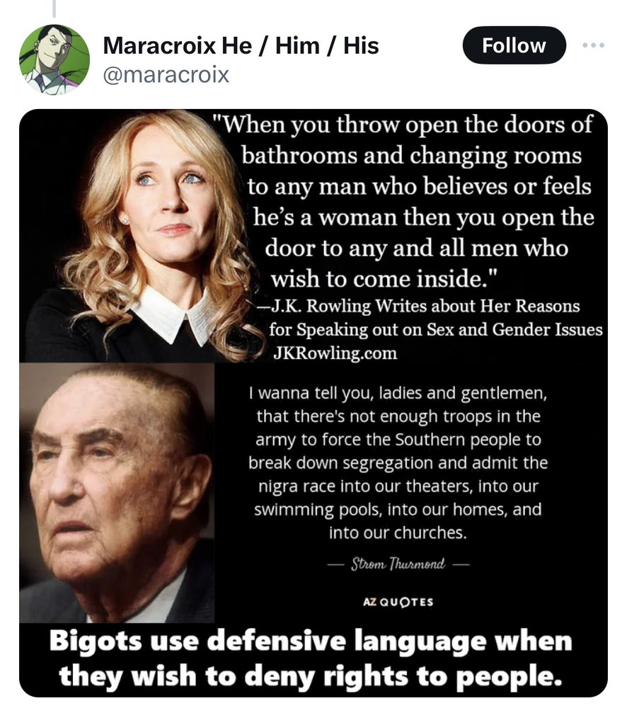 The segregation argument for ‘trans rights’ gets dumber and more offensive every time I see it. Men can NEVER be women. Men do NOT have a right to be in women’s spaces. Therefore, it is NOT discrimination or segregation to keep men pretending to be women out of women’s spaces.