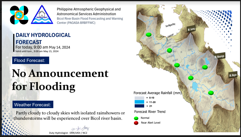 Hydrological Forecast for Bicol River Basin
Issued at 9:00 AM, 14 May 2024