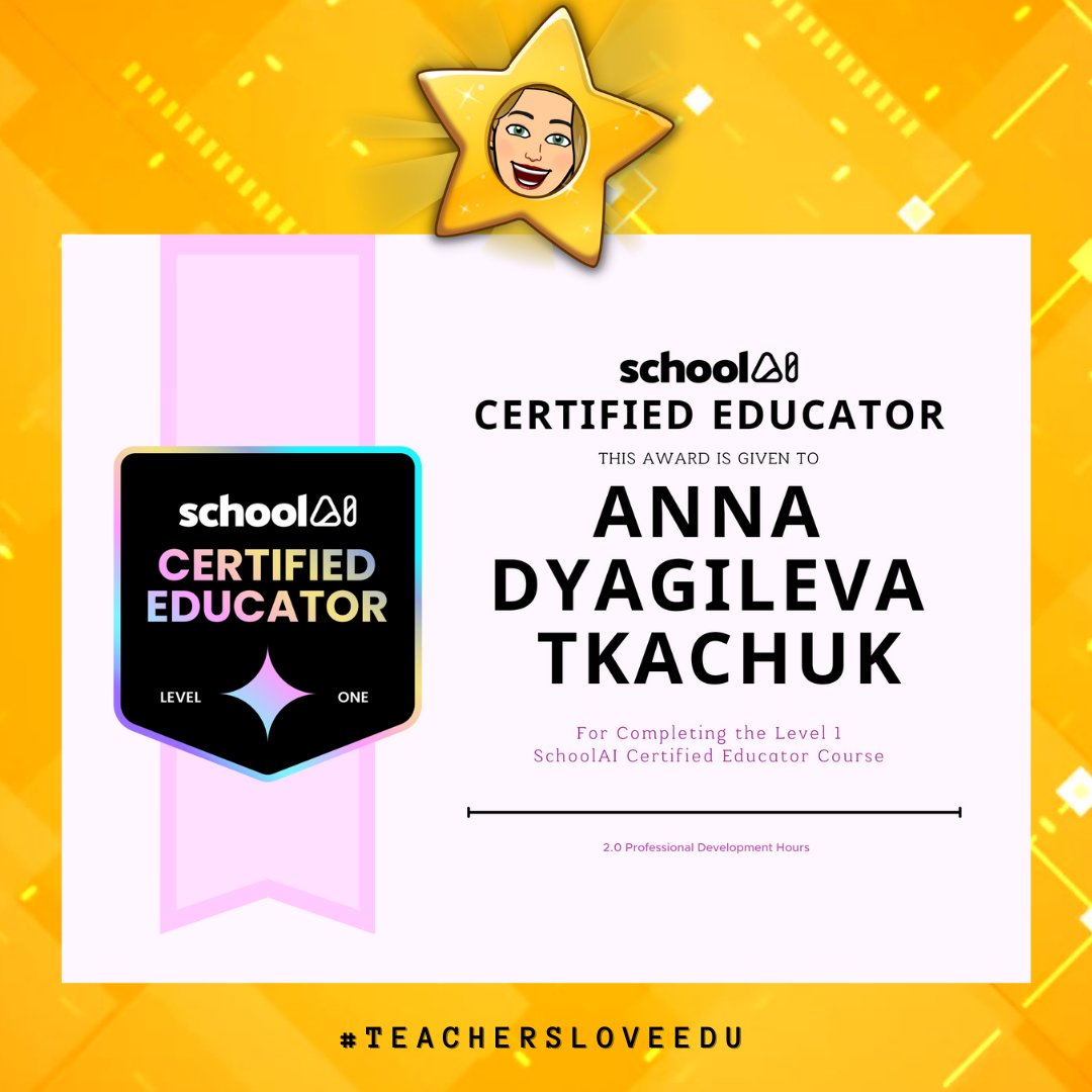 WooHoo! I've completed a Level 1 Course at @GetSchoolAI & now proudly sharing my badge & Certificate of a #SchoolAI #CertifiedEducator. Loved the format of👉#PD course: 💎easy navigation; accessibility🔧: video, text, pics; engaging & interactive chat. 🔥Can't wait for L2! #AI
