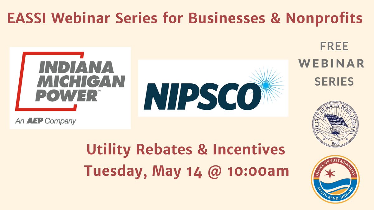 REMINDER! We are hosting our second webinar tomorrow morning, Tuesday, May 14 from 10:00am - 11:30am!

Register here: bit.ly/3vX8roK 

We hope to see you there! – Brought to you by the EASSI program! #Sustainability #SouthBend