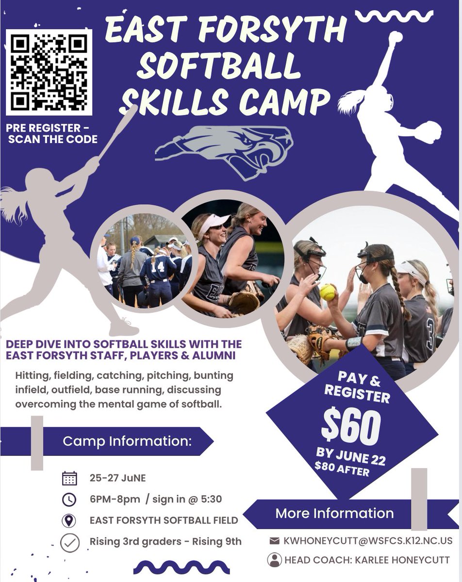 Your Lady Eagles softball will be hosting our 2nd annual youth softball skills camp! Scan the QR Code to register • $60 before June 22 • Instructors will be your East Coaching Staff, Players, &amp; Alumni. 🦅🥎 Hope to see you there!